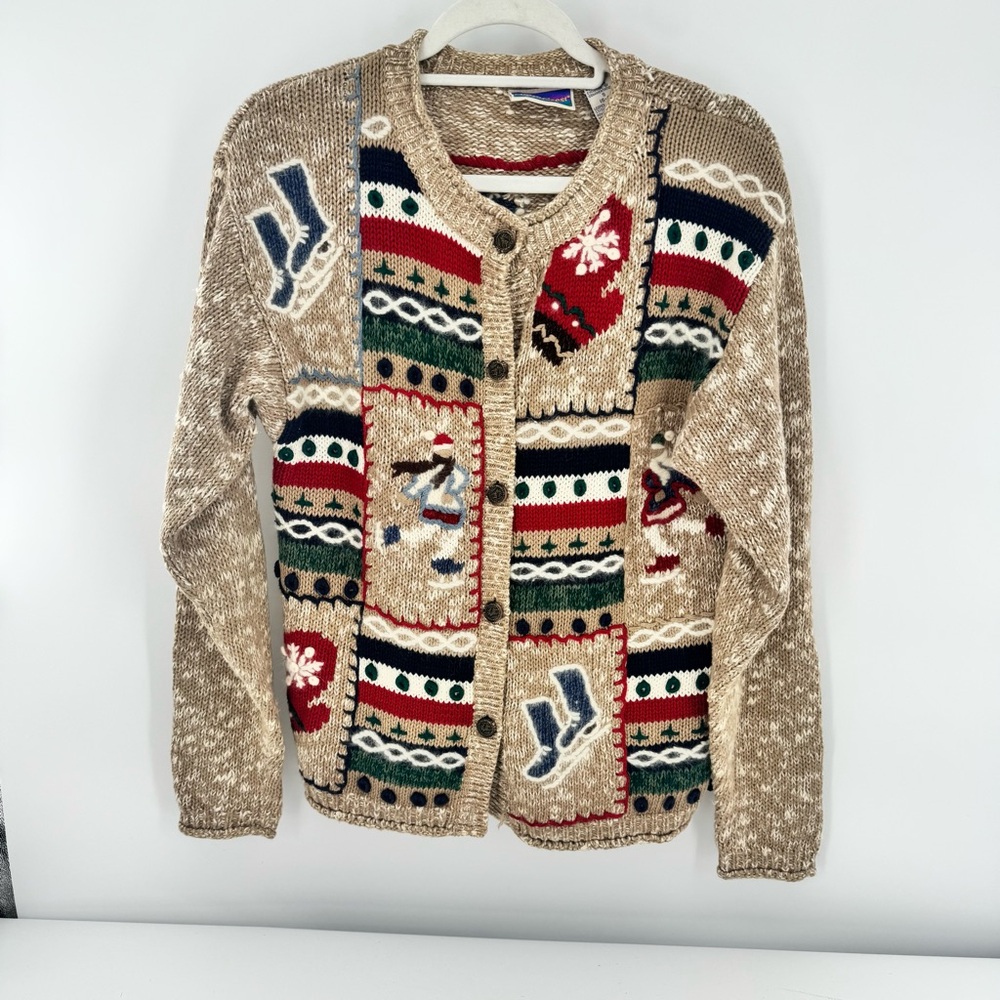North Crest Vintage Cardigan Tan Christmas Chunky Knit Button Front‎ Size Small